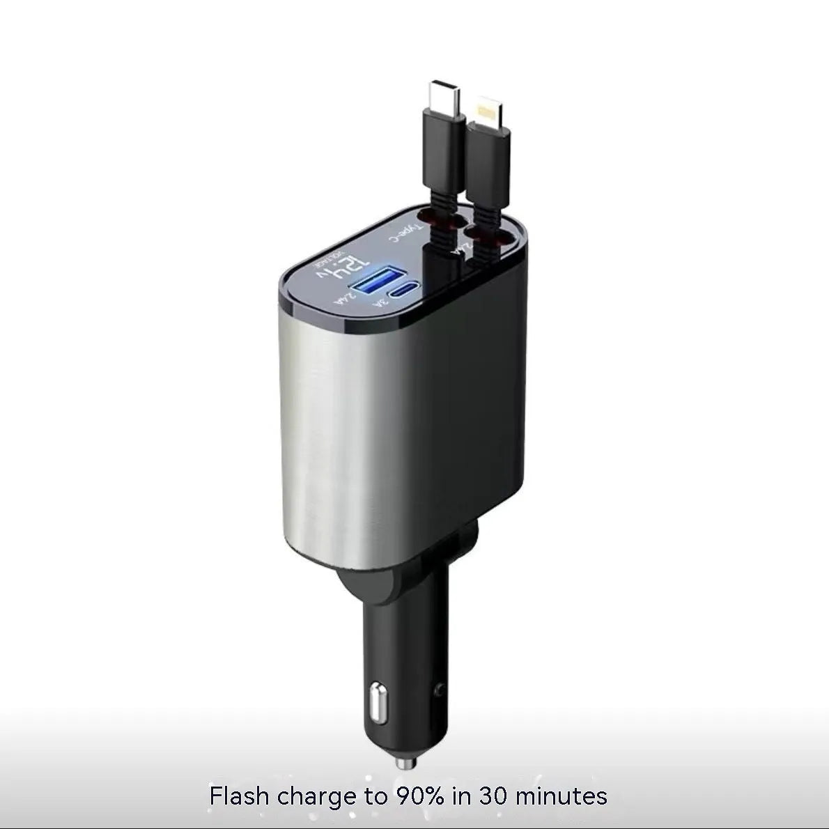 Automatic retractable car charger with QC3.0 fast charging, showing plug for 12V cigarette lighter socket.