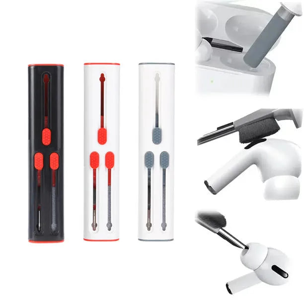 White and red AirPods cleaning pen with brush heads and flocking sponge for wireless earphone case cleaning