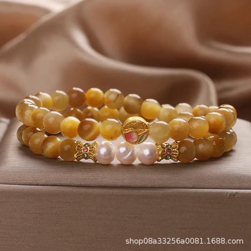 Natural gold tigereye double ring Hetian jade bracelet for women with yellow electroplated flower shape