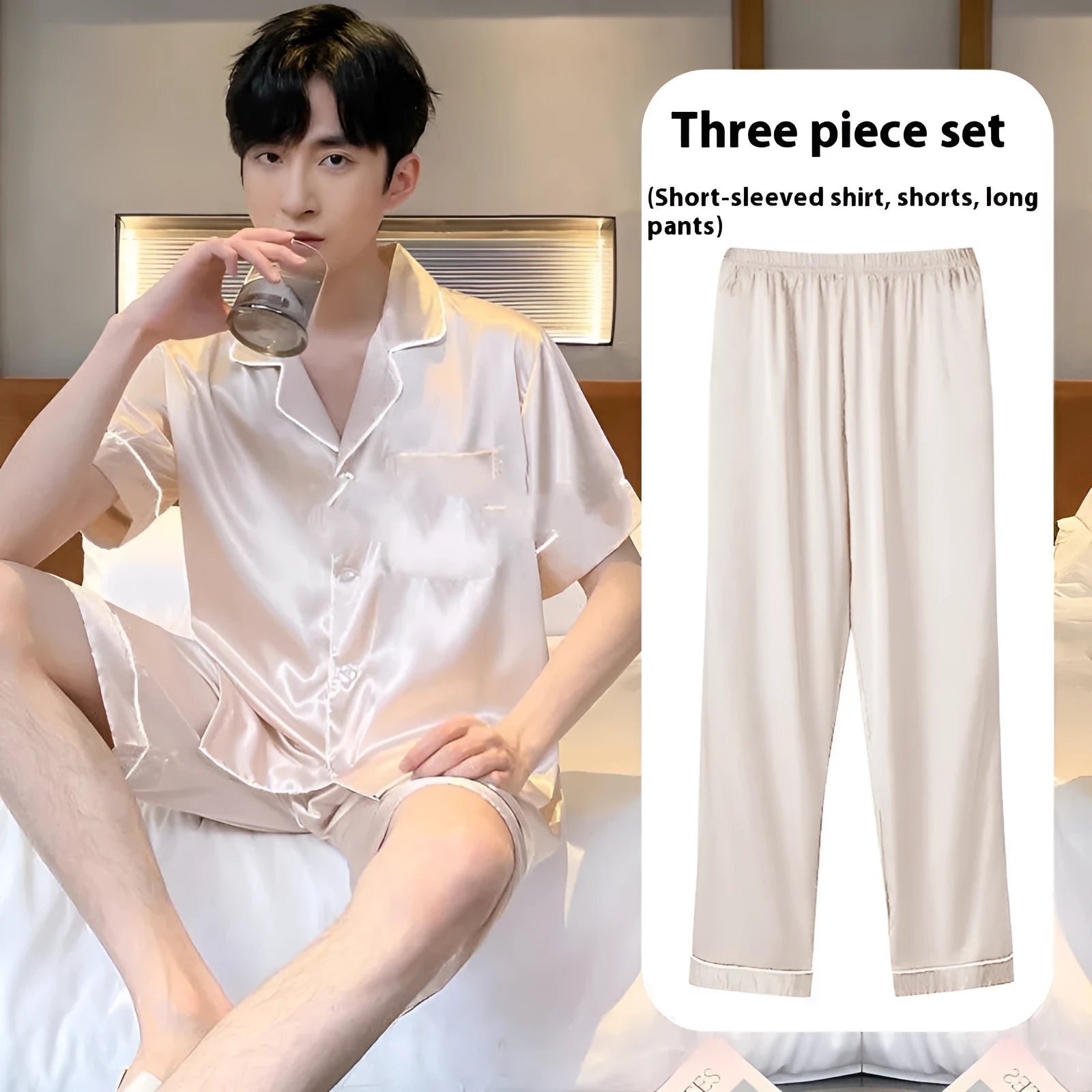Men's ice silk three-piece home wear set in a thin fabric, showing top, shorts, and trousers for summer loungewear.