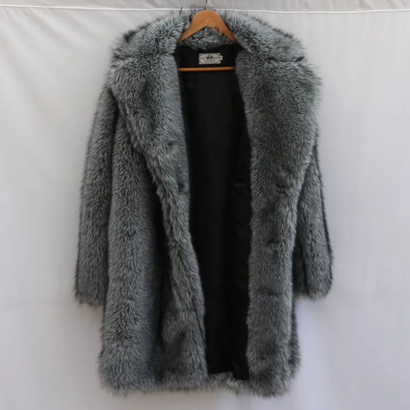 Men's long-cut faux fox fur coat in dark gray, 80cm length, side seam pockets, loose street fashion style