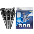 Blue and grey men's electric shaver three-in-one set with USB charging cable on white background