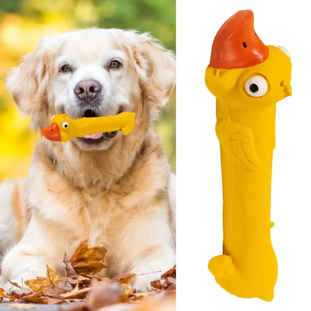 Yellow duck latex dog toy, 26cm long, with built-in squeak sounder for chewing and play