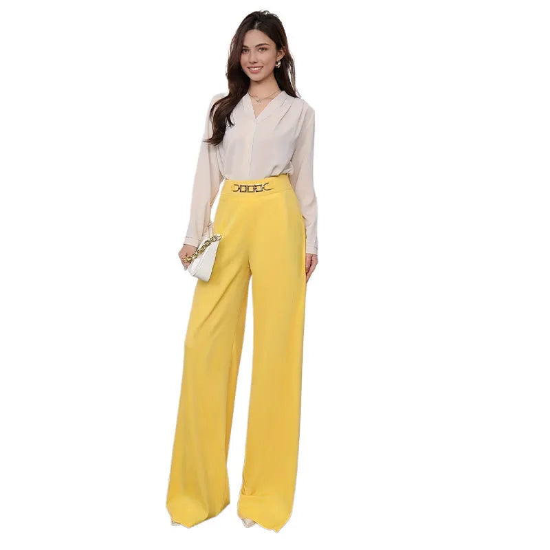 Solid colour drape wide leg pants for women in straight-leg polyester fabric with micro elastic waistband