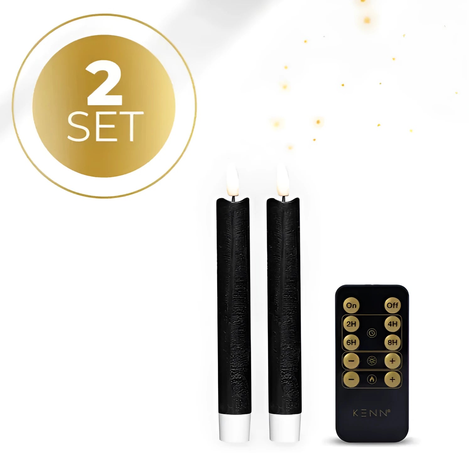 Black LED taper candle with realistic 3D flame effect, 18cm tall