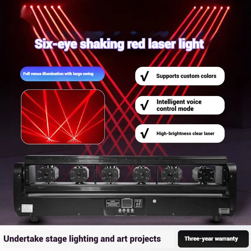 Six-eye double swing full colour laser lamp, 150W DMX512 indoor stage light, 84*9*25cm plastic body