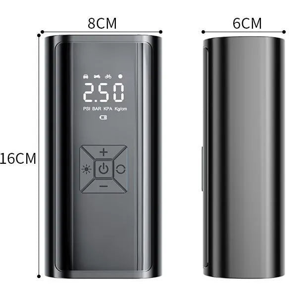 Wireless digital car tyre pump with dual display showing pressure readings and 35L/min airflow rating