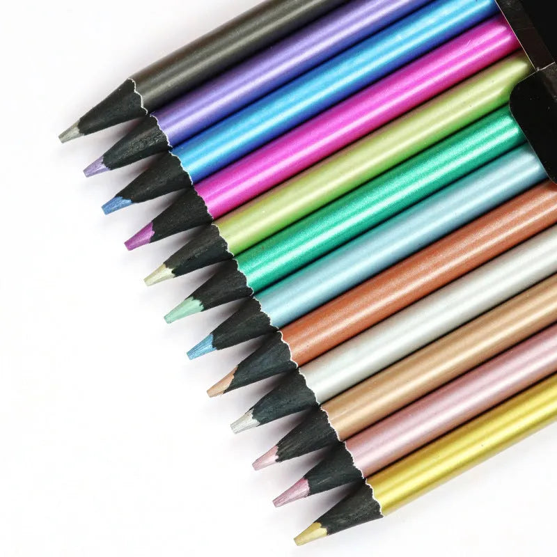 12-color metallic colored pencils in wooden shell with 2B lead core, assorted shades