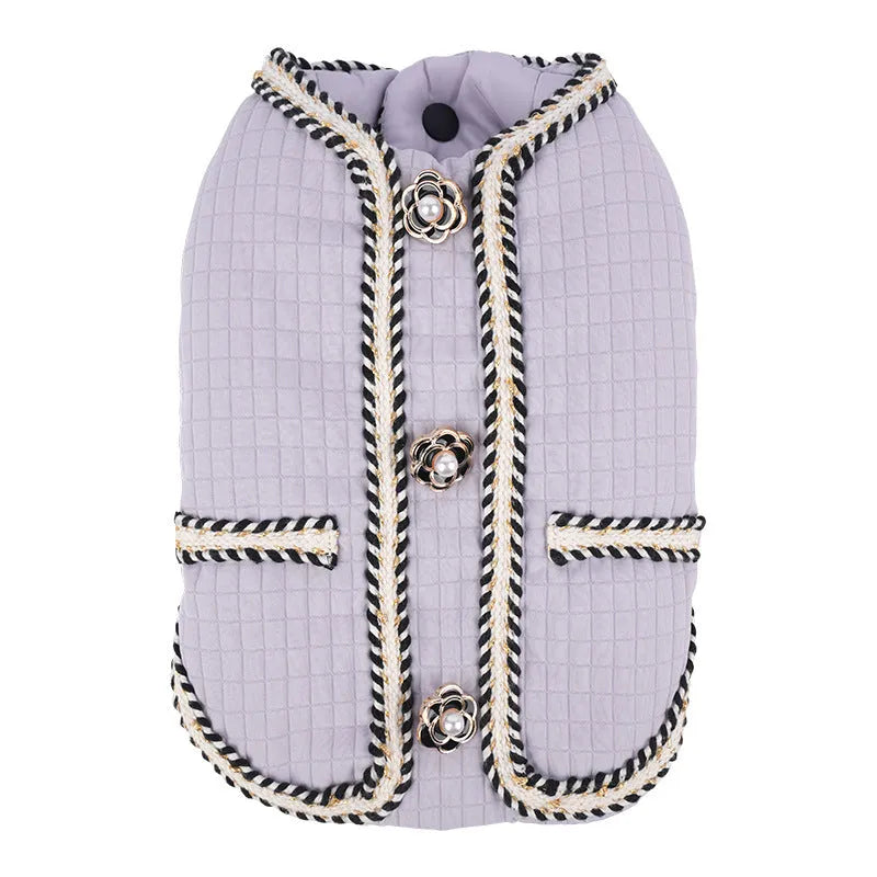Cartoon print quilted dog coat in light purple colour for autumn and winter warmth