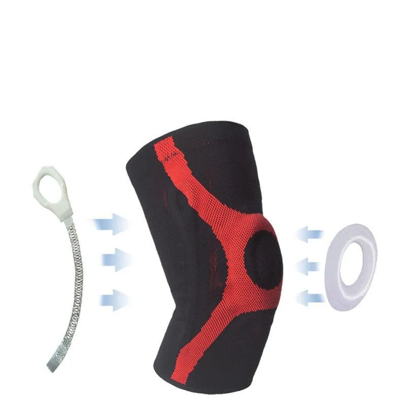 Red and grey knitted sports knee pads with silicone non-slip protection for running and climbing.