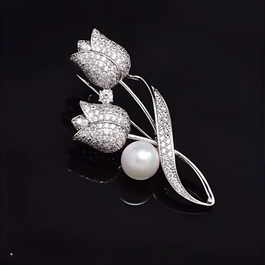Floral tulip brooch with micro-inlaid zircon detail in 181 silver electroplated finish