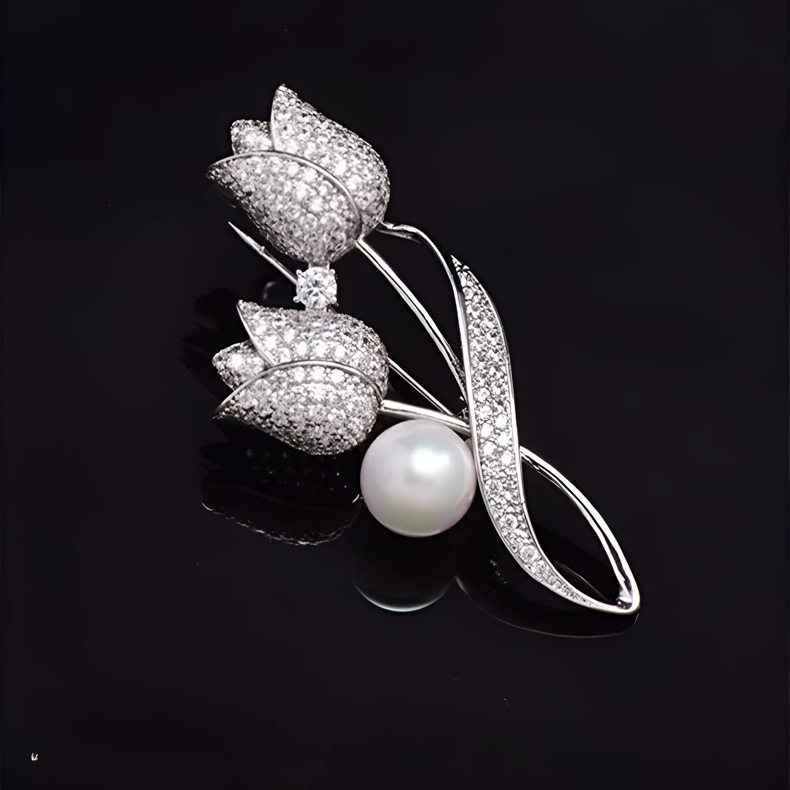 Floral tulip brooch with micro-inlaid zircon detail in 181 silver electroplated finish