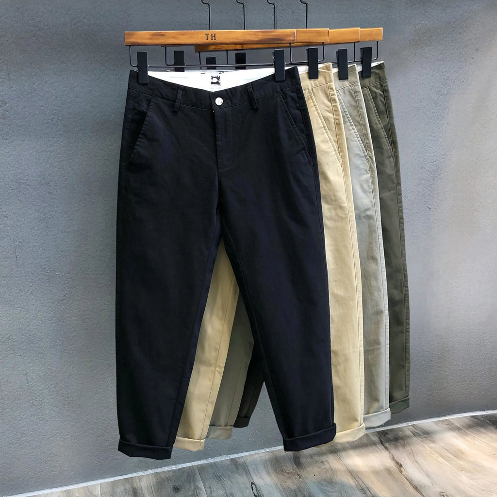 Men's cropped pure cotton casual pants in khaki, mid waist with zipper fly, size S to 3XL