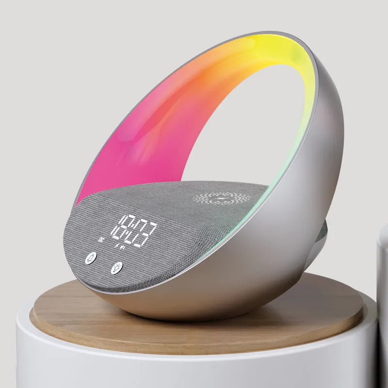 Beige multifunctional bedside unit with wireless charging pad, Bluetooth speaker, and LED light on a wooden table.
