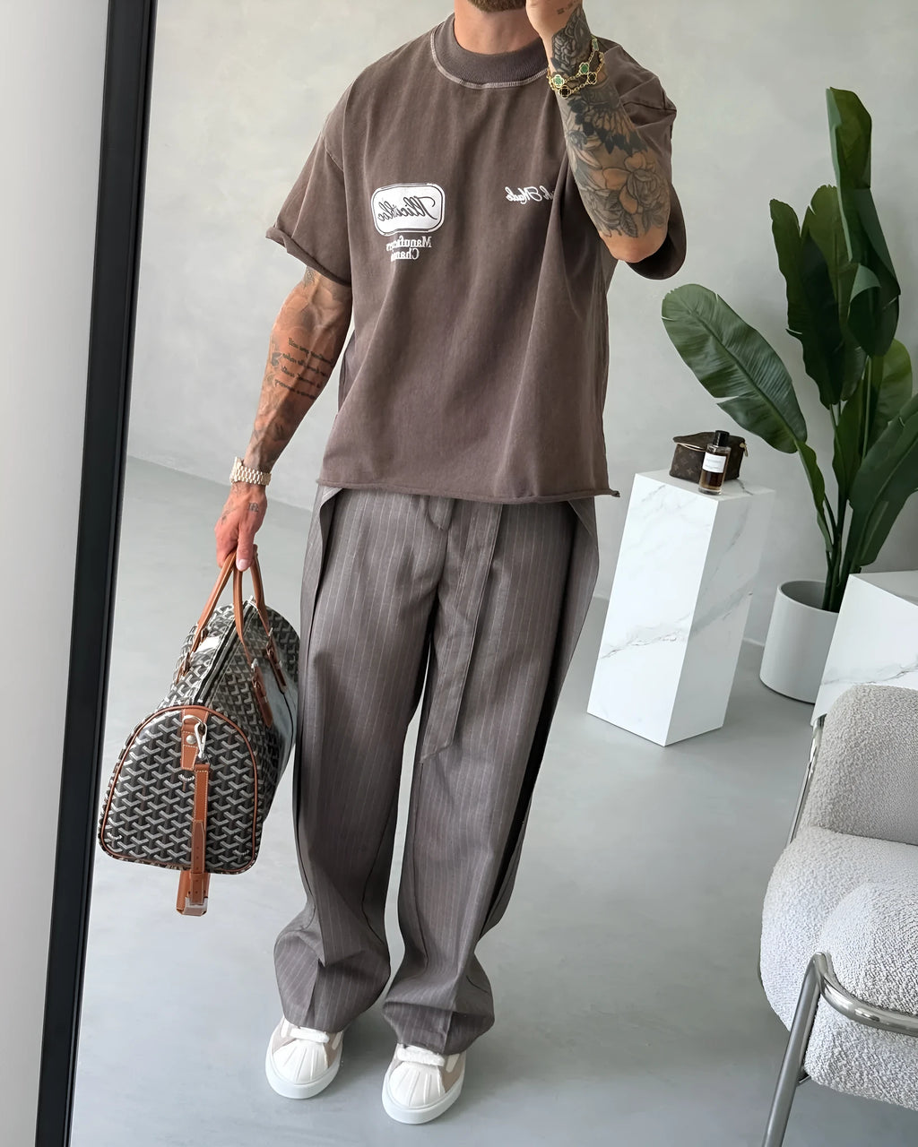 Men's casual striped lace-up full-length polyester trousers with drawstring waist in regular fit