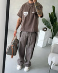Men's casual striped lace-up full-length polyester trousers with drawstring waist in regular fit