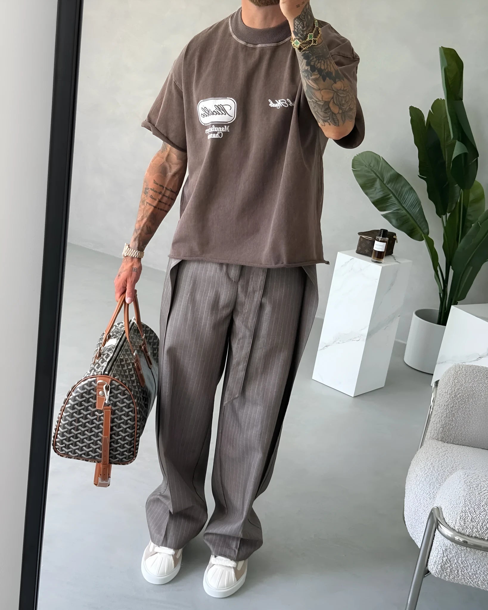 Men's casual striped lace-up full-length polyester trousers with drawstring waist in regular fit