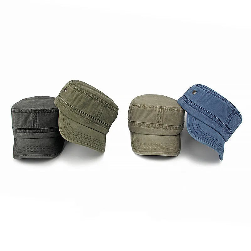 Cotton flat top military cap showing adjustable back and structured crown in army green colour