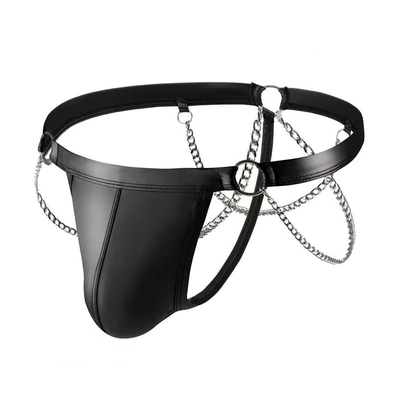 Black men's patent leather-look thong underwear with a metallic chain detail on the front.