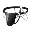 Black men's patent leather-look thong underwear with a metallic chain detail on the front.