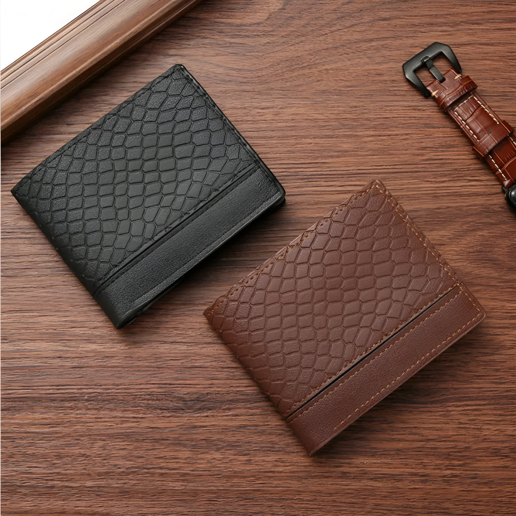 Men's black snakeskin embossed short PU leather wallet with card slots and coin pocket