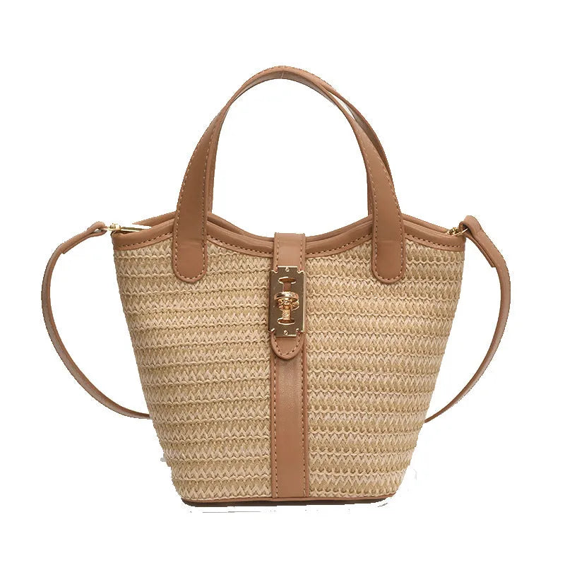 Women's bucket handbag in PU with sewing line detail, available in brown and apricot colours