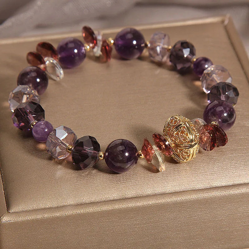 Purple crystal pumpkin beads bracelet for women with wind chime charms and rhinestone details