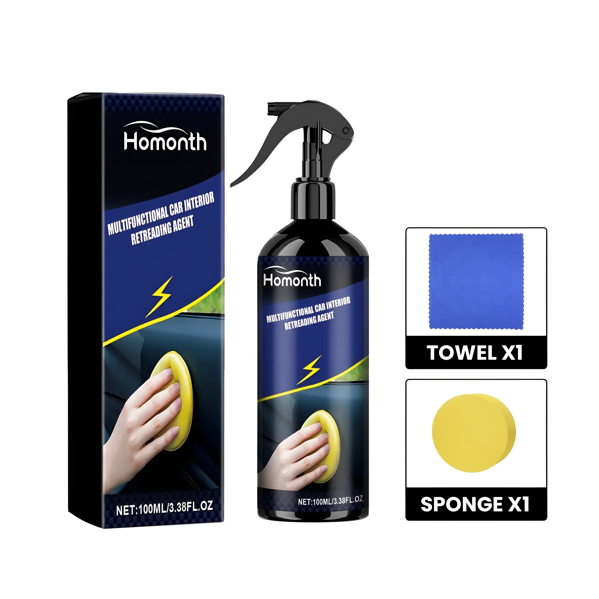 Car interior retreading agent kit with bottle, yellow sponge, and blue microfibre towel