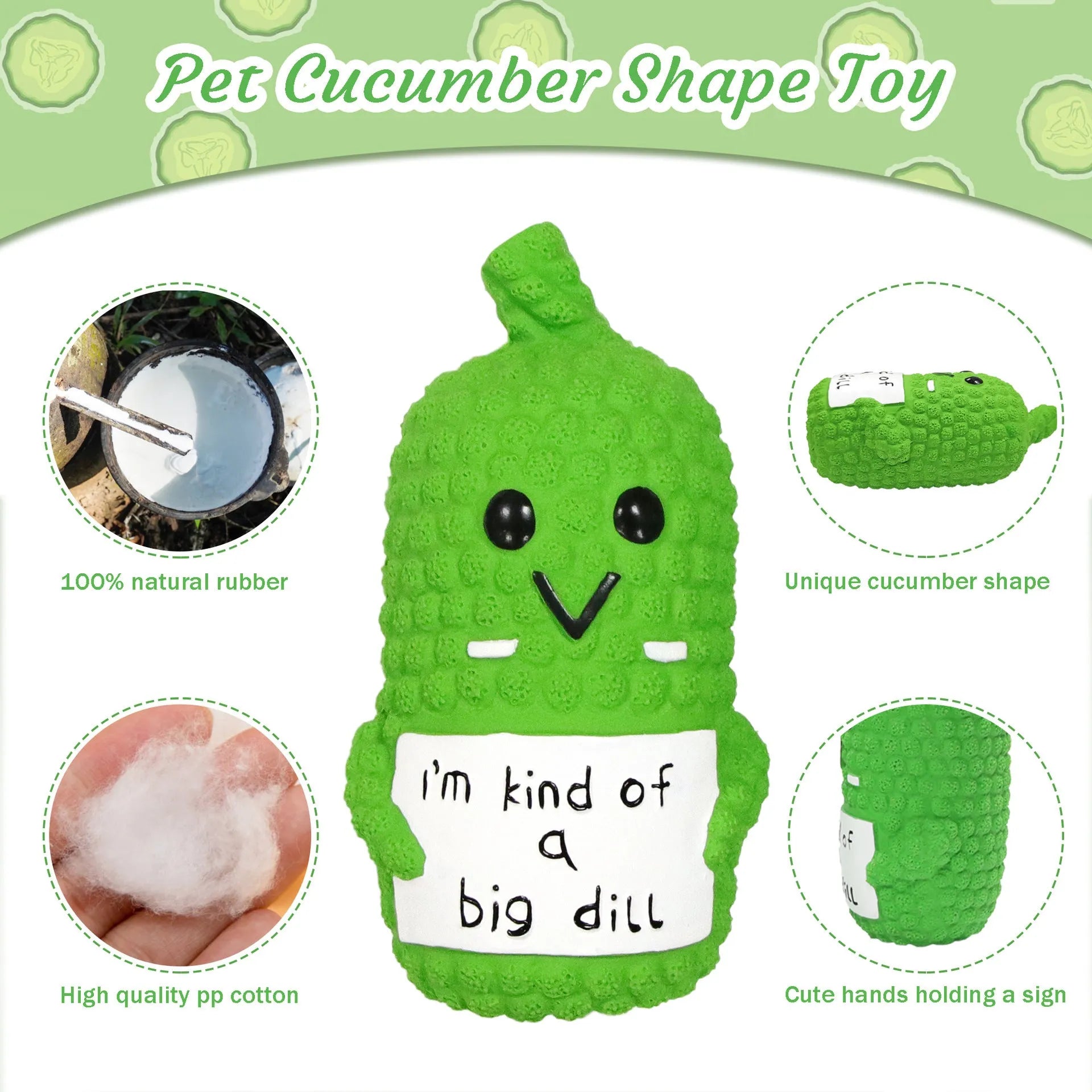 Green latex pickle dog chew toy with textured surface and squeaker inside.