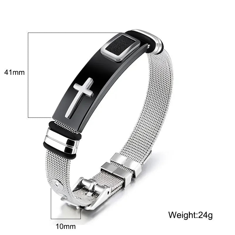 Adjustable 3D cross stainless steel mesh chain bracelet in gold on a white background