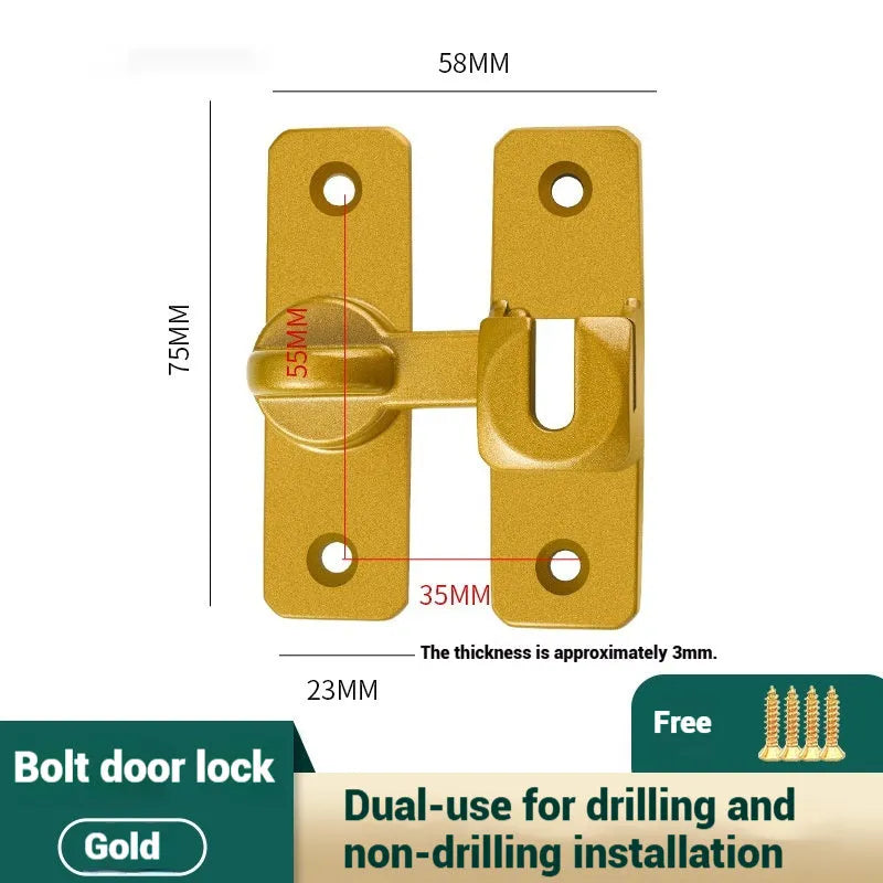 Aluminium alloy punch-free door latch in silver, black, grey, and gold finishes showing 90 and 180 degree opening angles.