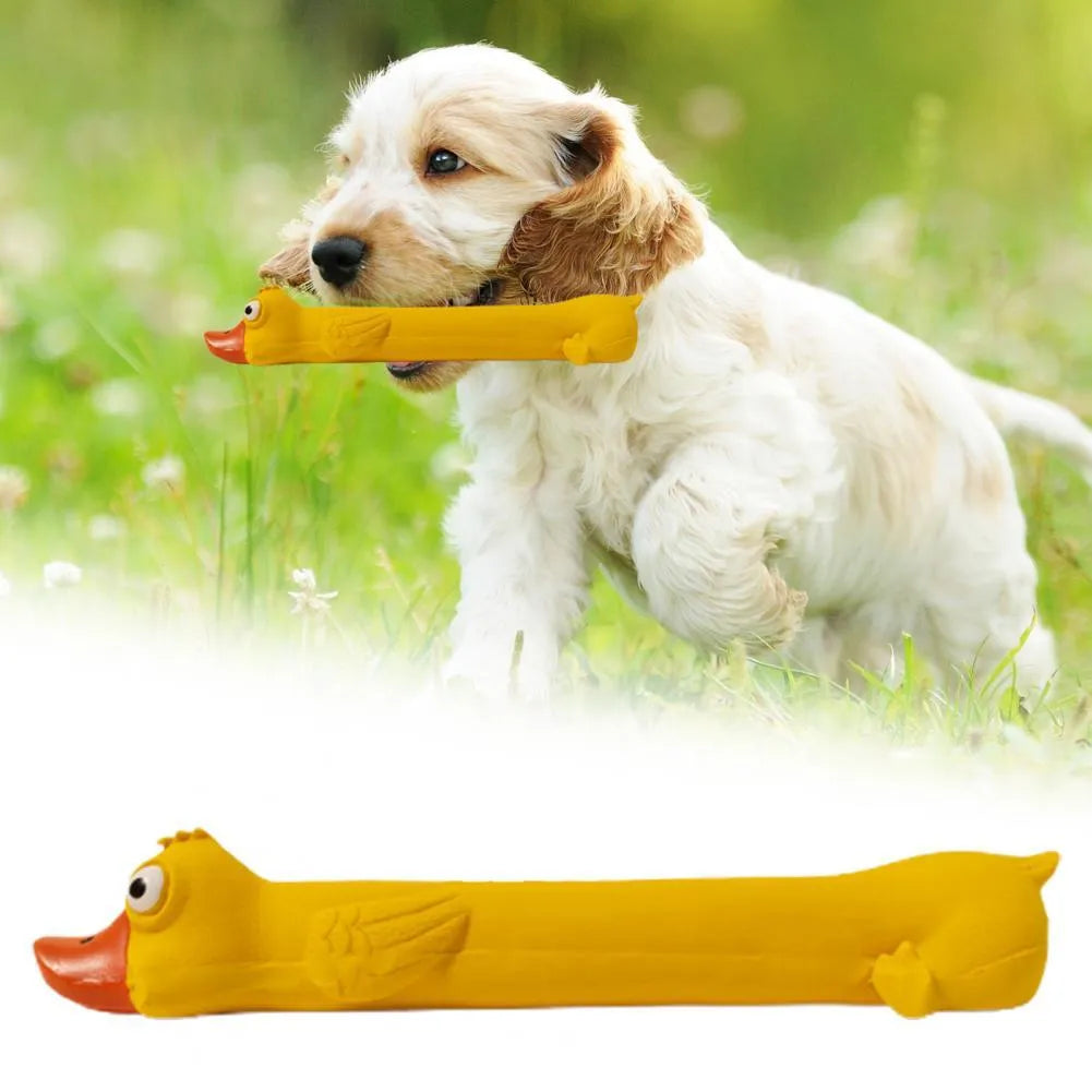 Yellow duck latex dog toy, 26cm long, with built-in squeak sounder for chewing and play