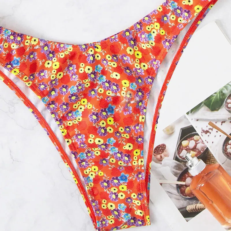 Women's high waist floral split swimsuit in red polyester, available in sizes S M L XL