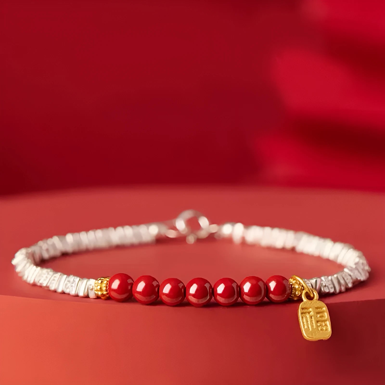 White silver lucky beads couple bracelet made of copper, 16 cm long with geometric design.