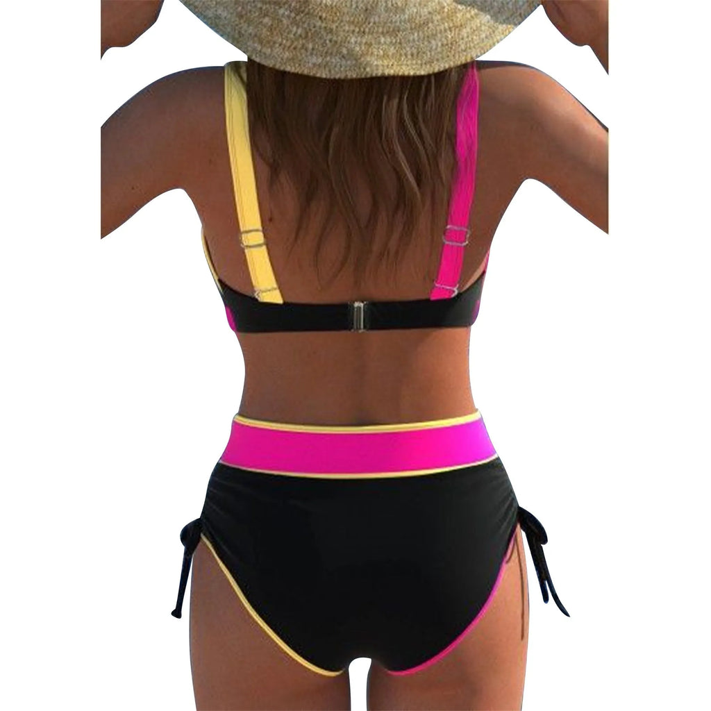 High waist bikini women's casual split swimsuit in black, nylon spandex, sizes S to XXL