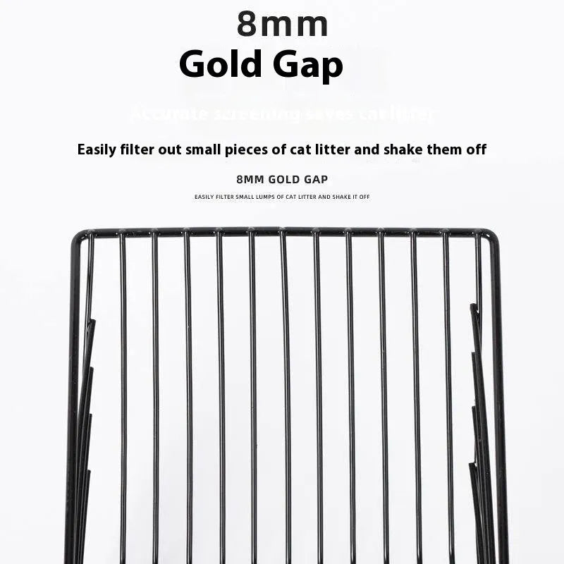 Black metal cat litter scoop with narrow tines for cleaning litter trays.