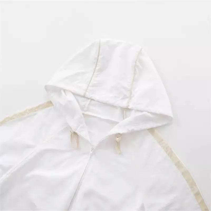 Women's hooded loose fit long sleeve sunscreen top in picture colour, polyester fabric, Asian sizes XS-L