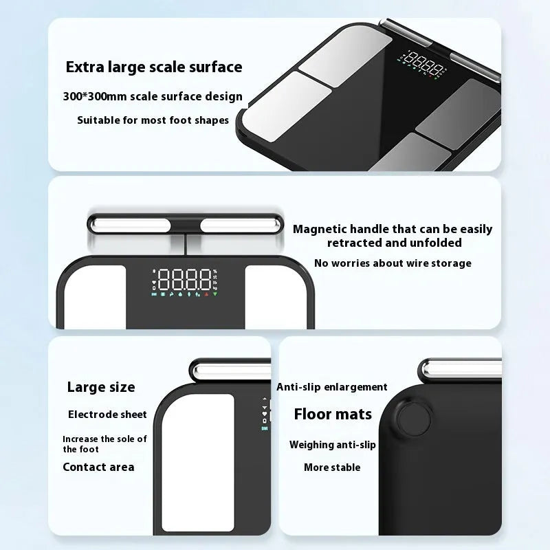 Black electronic bathroom scale with tempered glass platform and colour screen display
