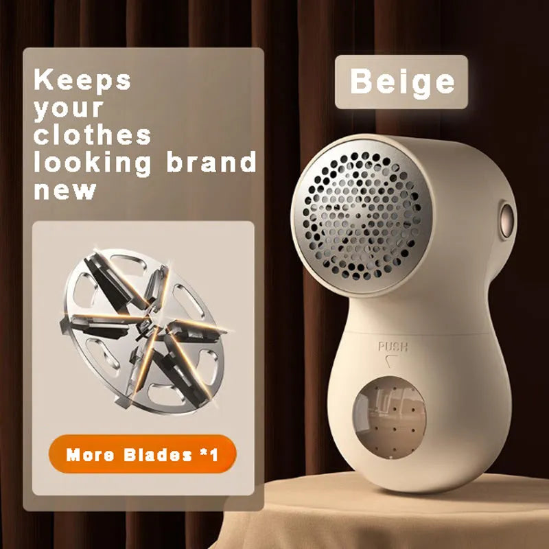 White USB rechargeable electric lint remover and fabric shaver with LED display on a grey background.