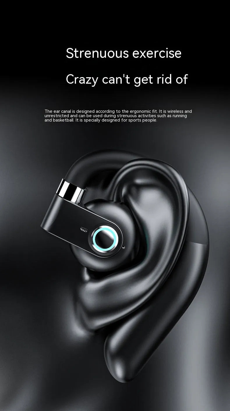 Black ear-mounted non-in-ear Bluetooth headset with charging case and cable