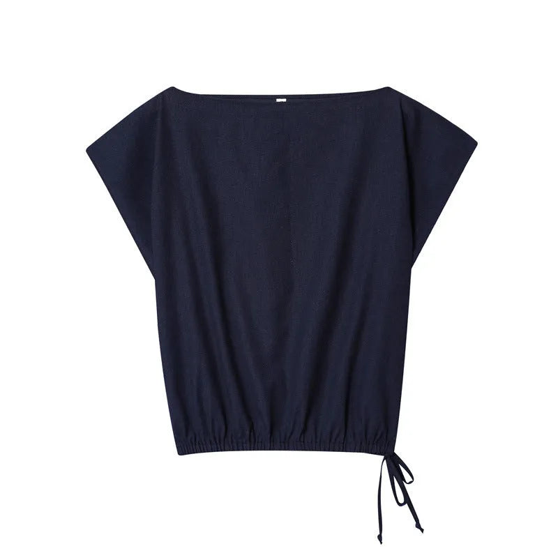 Women's linen-blend co-ord set featuring an off-neck top with flounced sleeves and wide-leg trousers.