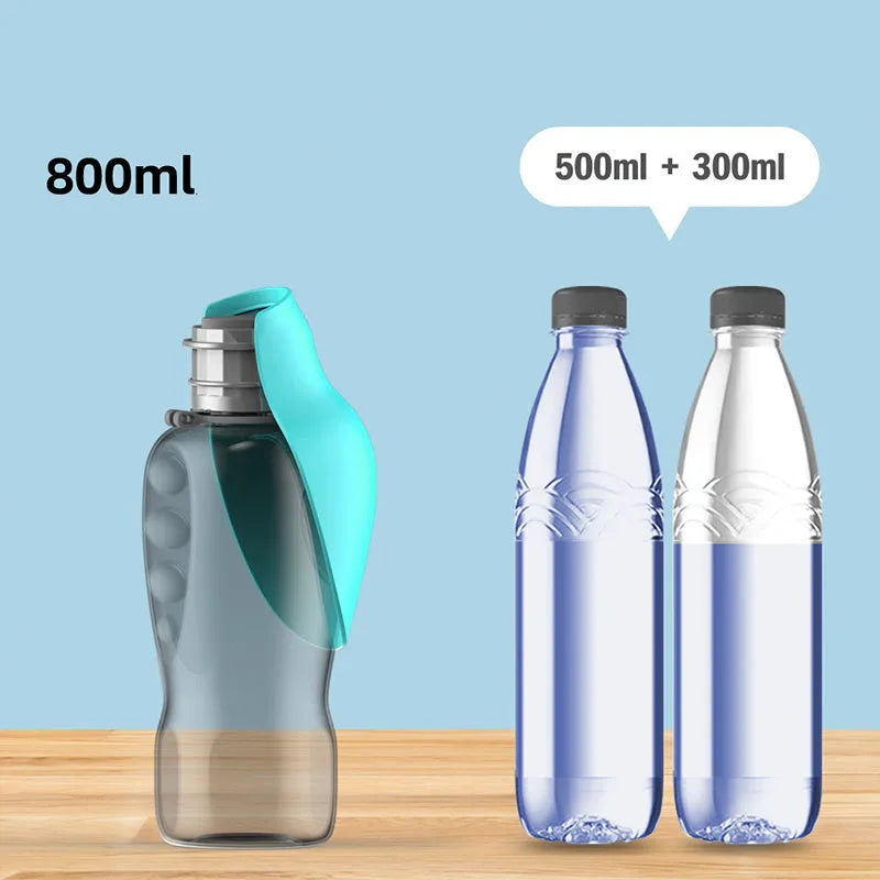 800ml portable dog water bottle with blue foldable drinking bowl and wrist strap