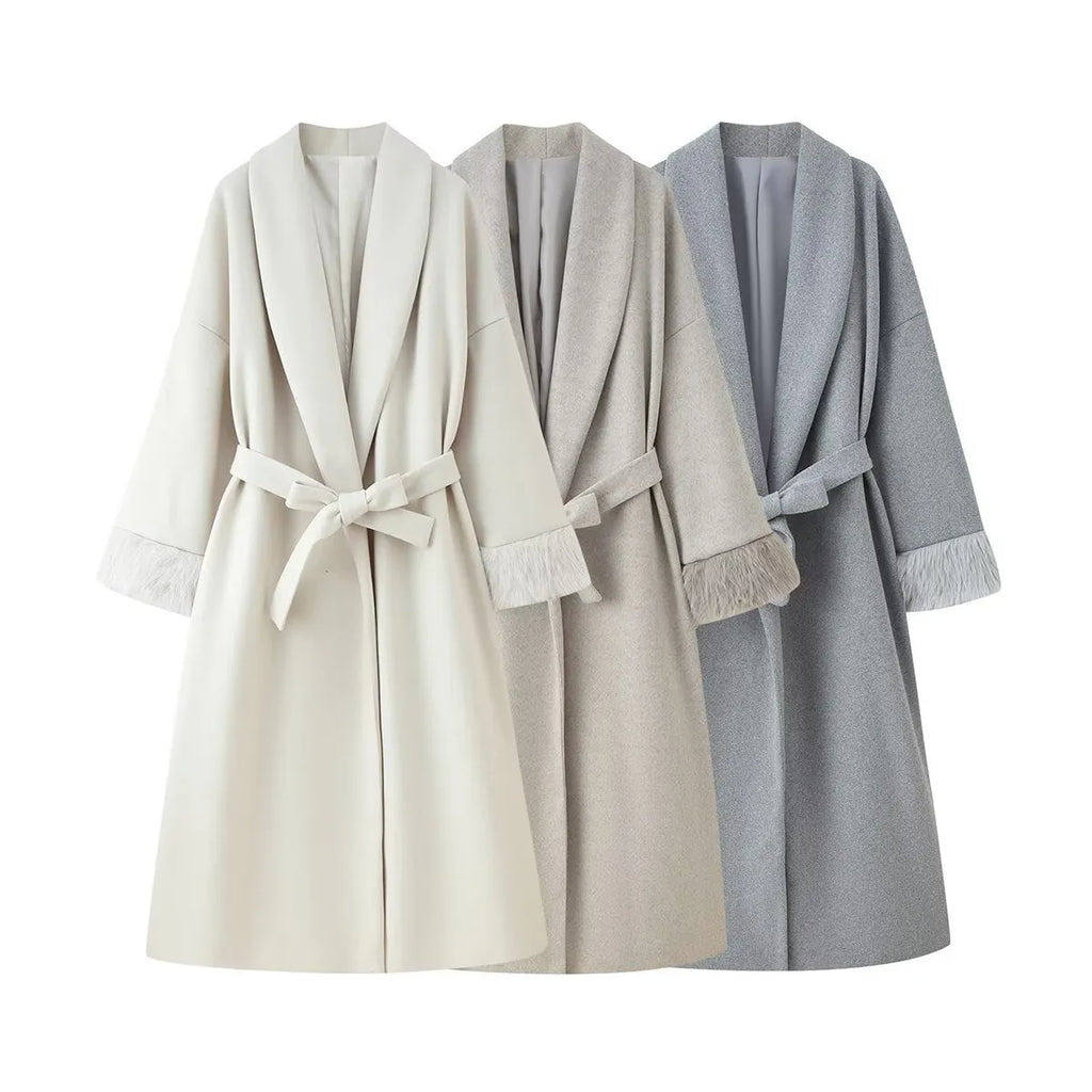 Solid colour autumn winter woolen coat with lacing cuffs and loose fit in dark gray available in sizes S M L