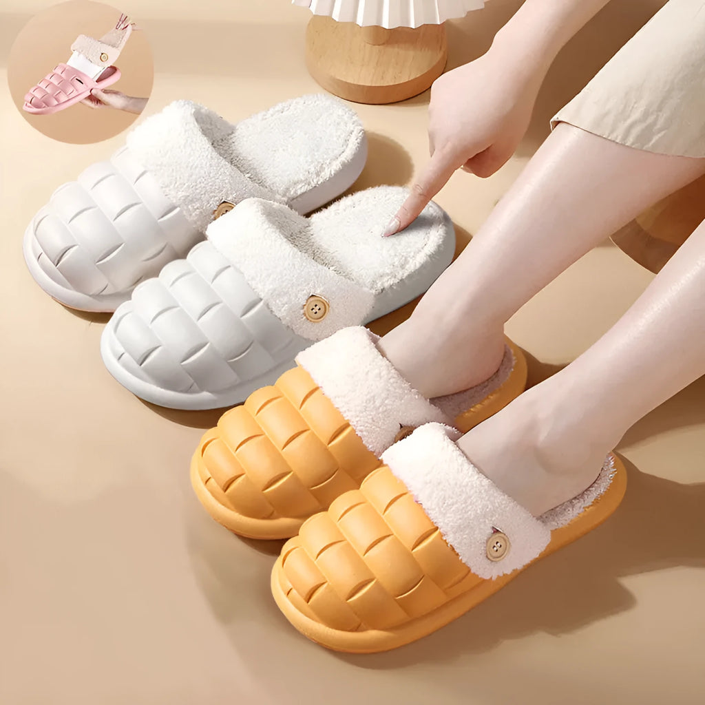 Plaid detachable EVA house slippers for women with plush lining, shown in pink.