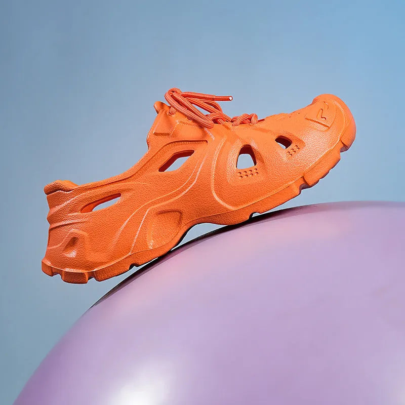 A pair of bright high-elastic EVA sandals with a thick sole, shown in fluorescent green.