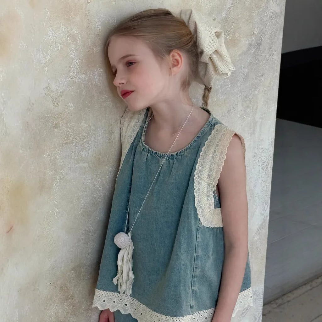 Light blue girls' lace trim denim cropped wide-leg pants and sleeveless vest two-piece set on child model