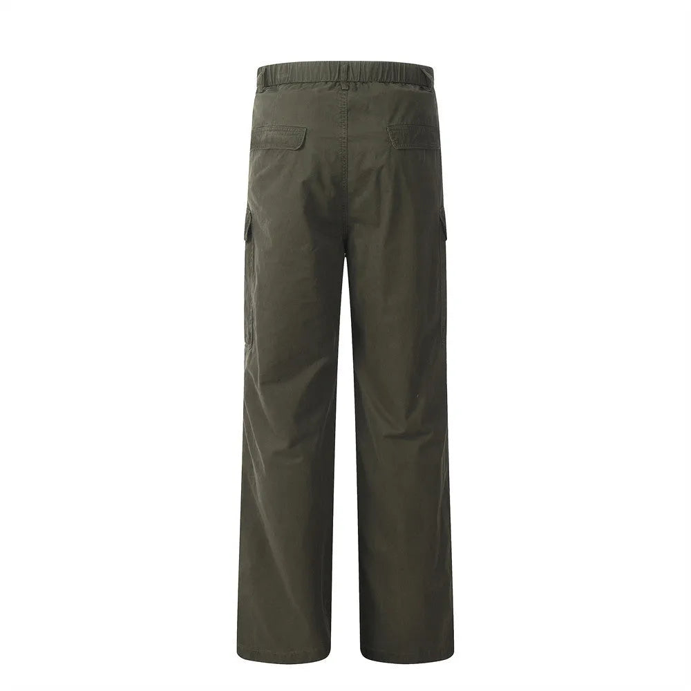 Men's solid colour cotton casual trousers in khaki, full-length view on display