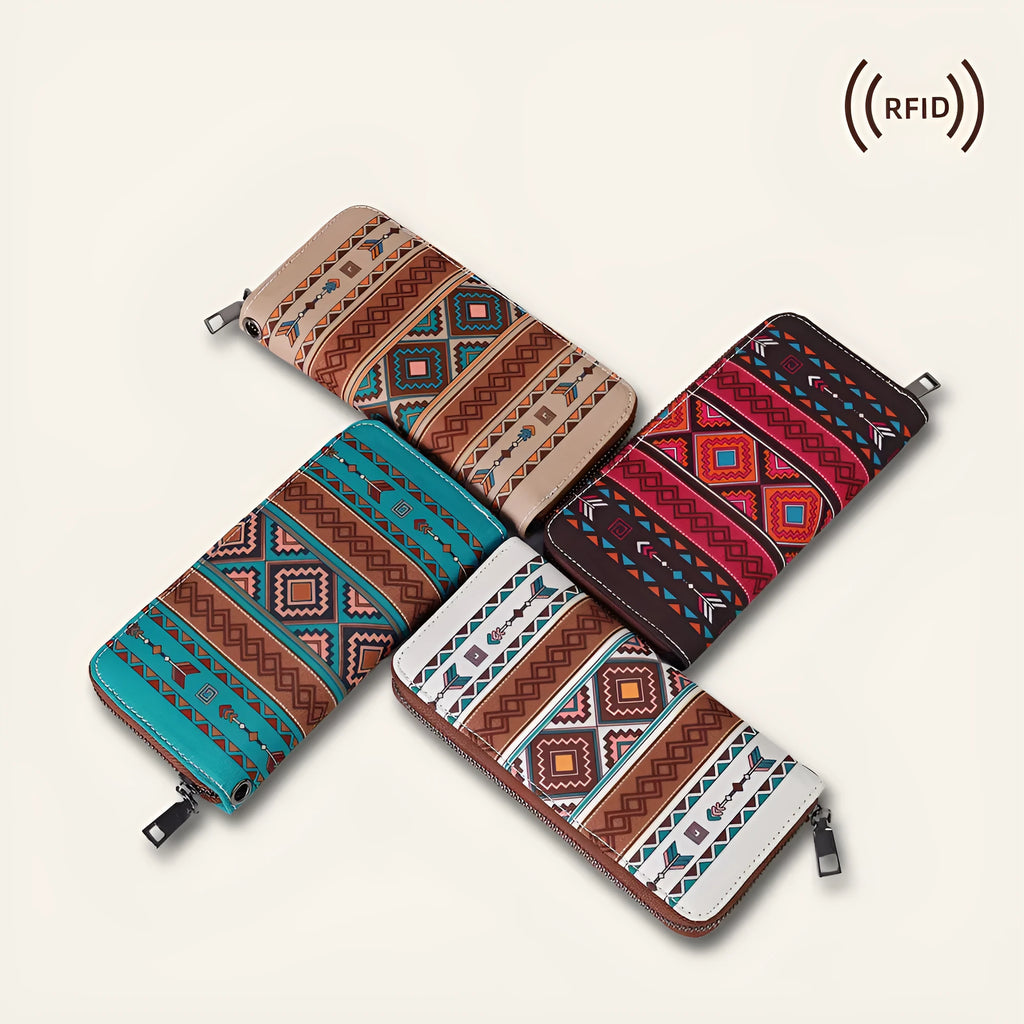 Bohemian striped canvas RFID wallet showing interior and 20x10x2cm dimensions