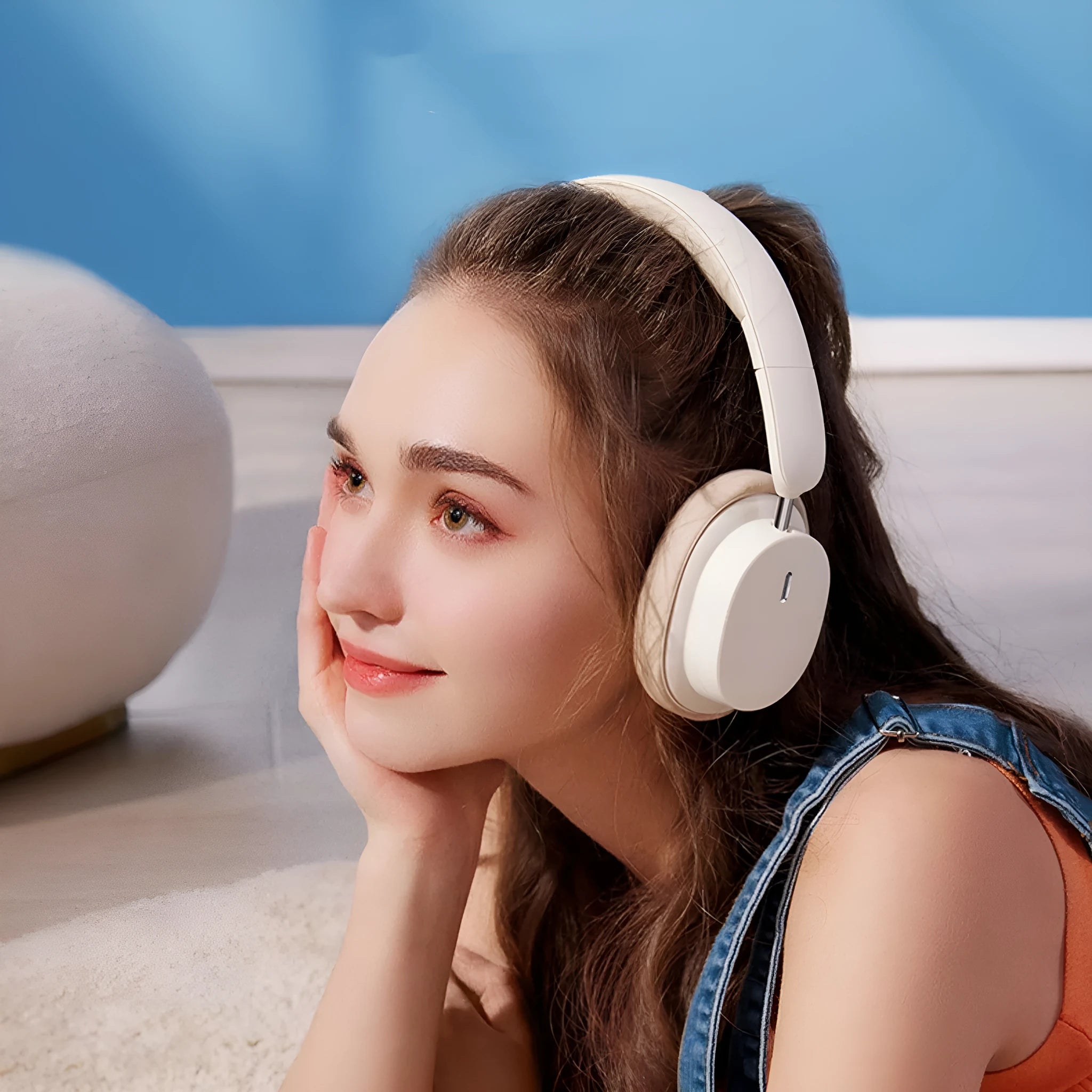 Beige over-ear wireless Bluetooth headset with noise cancellation on display