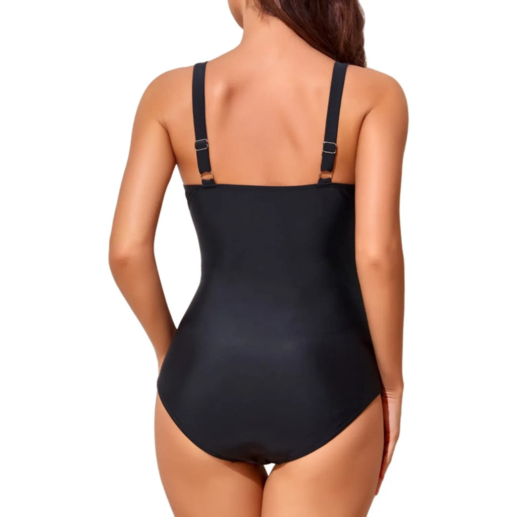 Women's deep V-neck cross-front pleated one-piece swimsuit in solid colour